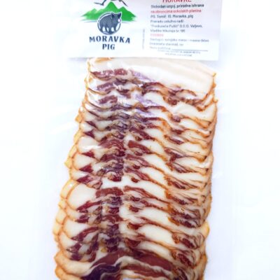 Domaća slanina šarena od svinje Moravke, hladno dimljena, 100g, vakumirana, slajsovana